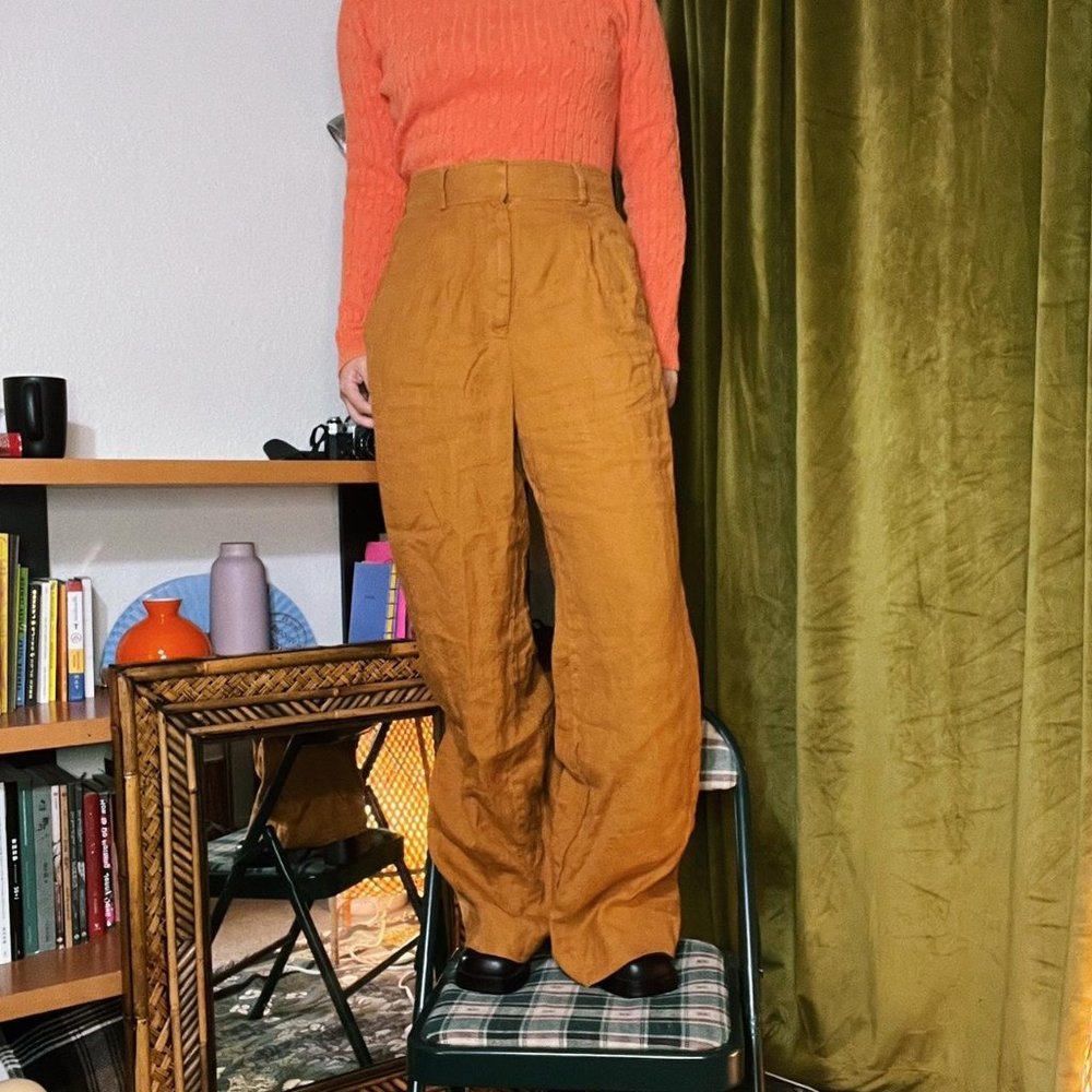 Everlane  Women yellow mustard wide leg pants 27” high rise button 100% linen